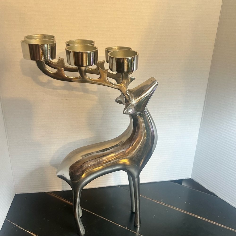 RESTORATION HARDWARE Christmas Silver Reindeer Candle Votive  6 Holder Heavy